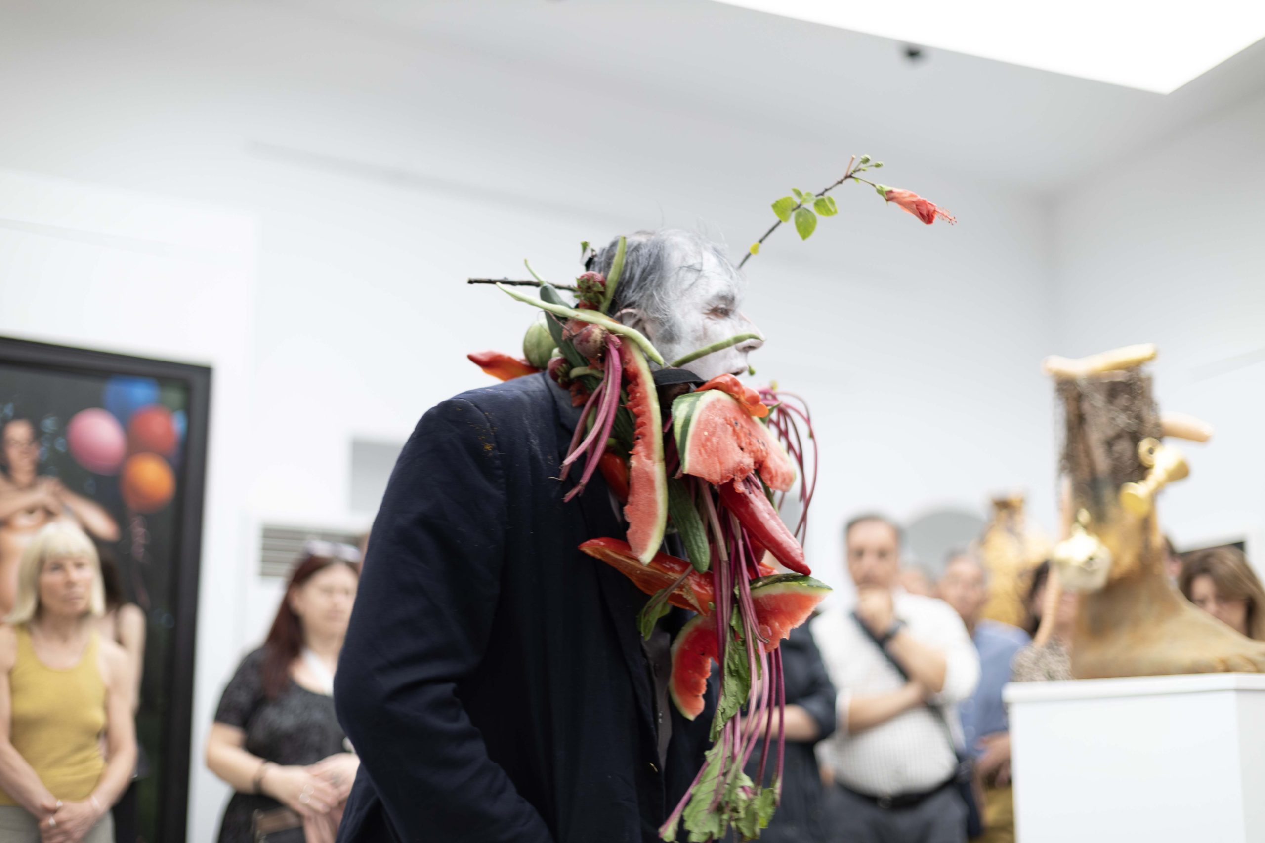 Filippos Tsitsoupolos performs as part of “The Garden of Earthly Delights” show at Art Space A49, Kalamata, Greece